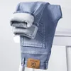 Vinterfleece tjock varma jeans Klassiska märke Business Casual Men's Montered Straight Stretch Midhigh midjan Jeans 240124