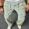 Men's Jeans Men Stylish Retro Style Ripped Patch Loose Trousers Motorcycle Male Solid Casual Straight Biker Denim Pants