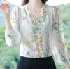 Damesblouses V-hals Retro Bedrukt Shirt Voor 2024 Mode Bloemen Single Breasted Blouse Dames Elegante Top Blusa Vrouwelijke