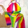 Dames Badmode Sexy Driehoek Bikini Set 2024 Rianbow Gradiënt Hol Push Up Een Stuk Badpak Strand Badpak Rok trikini