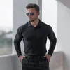 Vêtements de gym d'automne pour hommes en tricot à manches longues Polo Skinny Fitness T-shirt masculin entraînement de carrosserie