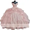 Quinceanera robes roses sexy robes de bal sur les applications en dentelle épaule des perles de cristal fleurs gonflées corset en dos rouffes robe de fête en tulle robes de soirée s