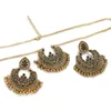 Necklace Earrings Set Boho Vintage Geometric Crystal Earring For Women Antique Golden Carved Hollow Tassel Wedding Gift
