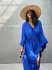 Kvinnors badkläder 2024 Elegant Solid Kaftan Long Blue Tunic Loose Maxi Dress Women Summer Clothing Wear Swim Suit Cover Up A1984