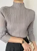 Miyake Pleated Women Shirt Tops High Fashion Designer Aesthetic Clothing Comfortable Causal Long Sleeve Turtleneck Tshirt 240118