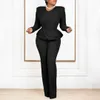 Plus Size Winter Fashion Solid Two Piece Set Women Sexy V-neck Long Sleeve Ruffle Top and Pants Elegant Two Piece Set 240202