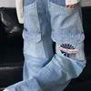 Damesjeans Damesbroek met rechte pijpen voor dames Geborduurde broek Hoge taille S Blauw Originele glanzende kleding Harajuku modebroek