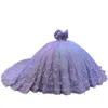 2024 Robes de Quinceanera Lilas Dentelle Appliques Perles De Cristal Hors Épaule Illusion Manches Courtes Fleurs Faites À La Main Plus La Taille Formelle Fête Robes De Soirée