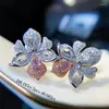Stud Earrings Luxury Romantic Clover Orchids For Women Pink Crystal Accessories Silver Plated Fashion Wedding Engaged Jewelry