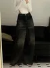Houzhou vintage czarne dżinsy z szerokimi nogami Kobiety Zwyciężone Koreańskie modne mody w lupgy dżinsowe spodnie grunge y2k fembel hip hop 240201