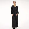 Ethnische Kleidung bescheidene muslimische Frauen Kleid kurze solide Satin Mode Gürtel Maxi Kleider Langarm arabischen Oman marokkanischen Kaftan Eid Roben