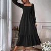 Robes décontractées Femmes élégantes Maxi Robe à manches longues Taille haute avec col carré Bords à volants pour invité de mariage