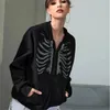 Erkek Hoodies 90'lar Y2K Amerikan Moda -Rhinestones iskelet baskısı Baskı Gevşek Büyük Boy Unisex Siyah Uzun Kollu Zip Up kapüşonlu Sokak Giyim