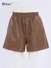 Women's Shorts Bclout Autumn Brown Leather Women Elegant Solid Office Elastic Waist Wide Leg Fashion Party Female