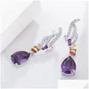 Dangle Chandelier Brincos Qoolady Lindo Roxo Gota de Água Mística Cúbica Zircônia Cristal Mti Cor Lady Long Wing Brinco Mulheres C Ot7Fy