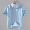 Men's Casual Shirts Summer Thin Basic Short Sleeve Shirt Men Fresh Simple Literary Youth Loose Cotton Linen Bussiness Washed Top