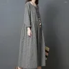 Vestidos casuais estilo japonês linho manga longa verificado para mulheres vestido grande código menina oversize solto festa vestidos 2024