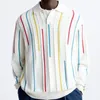 Casual rayé Jacquard tricot Polo pour hommes printemps à manches longues boutonné revers tricoté pull hauts vêtements pour hommes tricot 240202