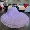 2024 Quinceanera Dressesライラックレースアップリケクリスタルビーズから肩の錯覚