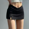 Skirts Y2K Black Soft Stretchy PU Leather Mini Womens Summer 2024 Vintage Women Slit Low Waist Sexy Girl Skirt