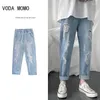 Jeans masculinos para homens streetwear calças de designer coreano regular angustiado denim magro homme calças hip hop buraco