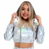 Seksi kırpılmış holografik hoodies kadınlar parlak pu metalik kapüşonlu uzun kollu kısa sweatshirt ile drawstring kazakları sokak kıyafetleri 240119