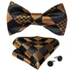 Self Tie Bow Tie Handkerchief Cufflinks Set Fashion Black Gold Mens Silk Butterfly Bowknot Formal Wedding Party Cravat DiBanGu 240123