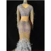 Stage Wear Femmes Y Strass Perles Transparent Plume Train Top Longue Jupe Soirée Anniversaire Célébrer Costume Robe De Danseuse Drop Del Otpbj