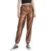 Pantaloni da donna a vita alta color block lucido effetto bagnato pantaloni cargo metallizzati danza dritta in pelle da donna