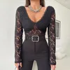 Women's Blouses Fashion Women Fitted Crop Tops V Neck Backless Long Sleeve Floral Lace Shirt Summer Streetwear Clubwear S M L