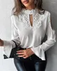 Women's T Shirts Lace Cutout Top 2024 Spring And Summer Keyhole Neck Crochet Long Sleeve Temperament Casual Blouses