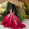 Vestido quinceanera vermelho, vestido de baile, ombro de fora, apliques dourados, renda frisada, tull mexicano, manga comprida, doce 16, vestidos de 15 anos