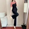 Calças femininas de duas peças 2024 terno de verão mulheres retalhos chiffon slim pantsuits moda escritório senhora renda o-pescoço top 2 conjunto roupas