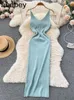 Casual Dresses 2024 Spaghetti Strap Slim Long Dress Women Sexy Sheath Maxi Bodycon Sundress Solid Chain Knitted Summer Backless