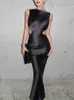 Sexy Hollow Out Backless Black Satin Dress For Women Elegant Round Neck Sleeveless Bodycon Maxi Dresses Fashion Party Club Robes 240124