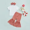 Set di abbigliamento CitgeeGiorno del Ringraziamento estivo Bambini Completi per bambine Lettera Tacchino Stampa T-shirt a maniche corte Top Pantaloni a zampa scozzese