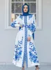 Casual Dresses Muslim Arabic Printed Flower Dress Women Chic Middle Eastern Puff Sleeve Robe Female With Belt Elegant All Seasons Long
