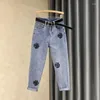 Women's Jeans Embroidered Pipe And Capris Cropped Trousers High Waist S With Pockets Pants For Woman Blue 2024 Korean Style Z