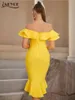 Casual Dresses Adyce Women's Bodycon Bandage Dress Sexig V Neck Vestidos Midi Ruffles Celebrity Night Club Evening Party Yellow Slim