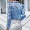 Damenjacken Kurze Jeansjacke Puffärmel mit Knopftasche Blau Retro Herbst und Winter Streetwear Zerrissene Jeans