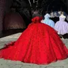 Glitter röd quinceanera klänning från axelbollklänningen spets pärlor kristaller tull söt 16 vestidos de 15 anos