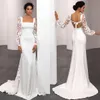 Boho Mermaid Wedding Dresses Satin Lace Square Neck Long Sleeve Appliques Robe De Soiree Bridal Gowns Beach Backless Bride Dress