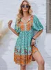 Robes de soirée Mode Vintage Robe Bohème Pour Femmes Été Élégant Imprimé Swing Femme Vert Casual Vacances Plage Courte