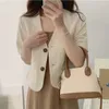 Vestes pour femmes mode coréenne col en v coton et lin décontracté à manches courtes deux boutons veste de costume été ensemble complet cardigan haut