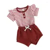 Ensembles de vêtements pour bébé fille, vêtements d'été en coton, manches courtes, volants rayés, barboteuse, ensemble short, tenue confortable, 2 pièces