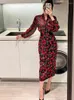 Work Dresses Retro Fashion Printed Scarf Collar Long Sleeve Blouse High Waist Slim Hip Overskirt Spring And Summer Ladies Two-piece Suit.