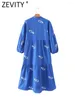 Sukienki swobodne Zevity Fashion Fashion Floral Haftery Pleats Blue Midi Sukienka dla stoiska dla kobiet z trzech ćwierć rękawów DS1805