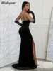 Casual Dresses Wishyear Elegant Wedding Party Dress With Gloves For Women Slit Bodycon Black Maxi Birthday Rhinestone Long Even Luxury