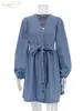 Robes décontractées Clacive Sexy Denim bleu pour femmes mode col en V à manches longues à lacets mini robe élégante femme à boutonnage unique