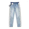 سراويل جينز للسيدات عالية الخصر الربط بنطلون زرقاء زرق